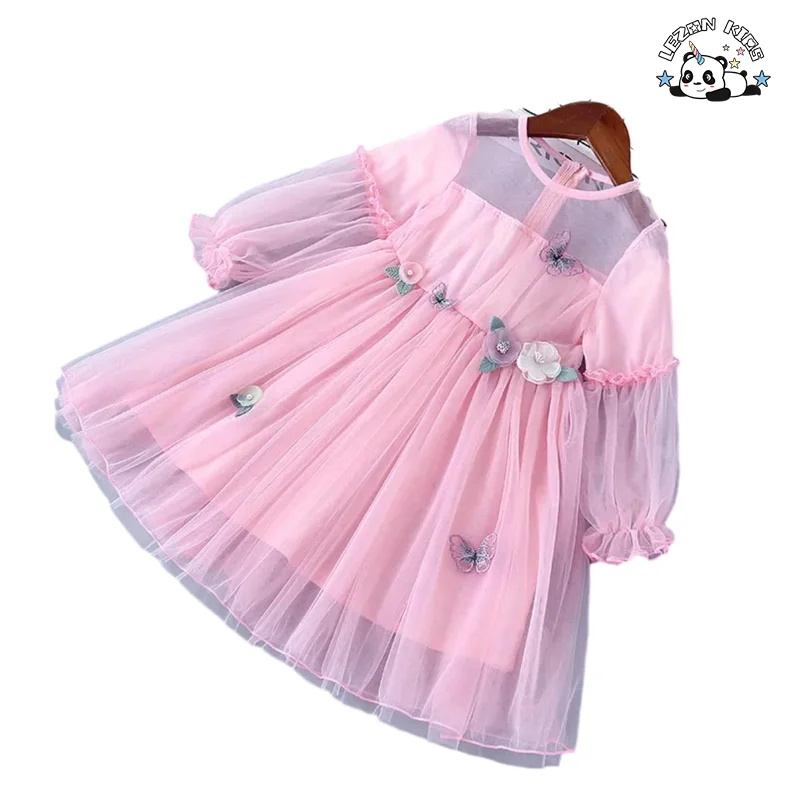 LEZONKIDS - Customizable Spring Children's Tulle Dress Princess Skirt Long-sleeved Skirt Girl Appliques Puffy Dresses